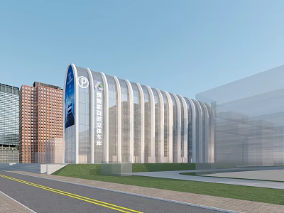 Modern Office Building With Curved Glass Facade And Surrounding Green Landscape 3d model