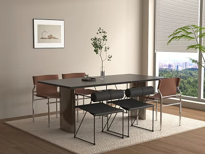 Modern Black Negotiation Table With Brown Chairs Vase And Window View On Rug 3d model