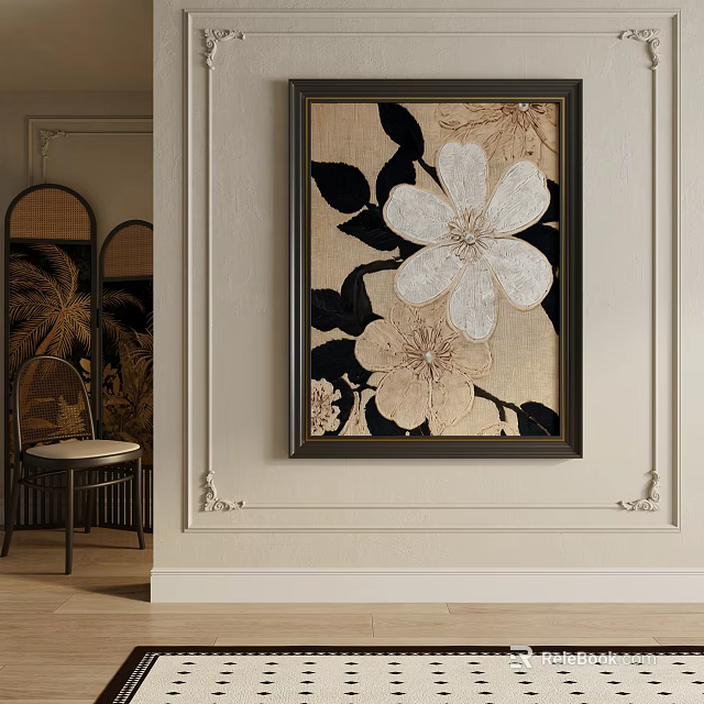 Abstract Painting With White And Black Flowers Hanging On Decorative Wall With Chair 3d model 