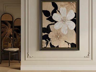 Abstract Painting With White And Black Flowers Hanging On Decorative Wall With Chair 3d model