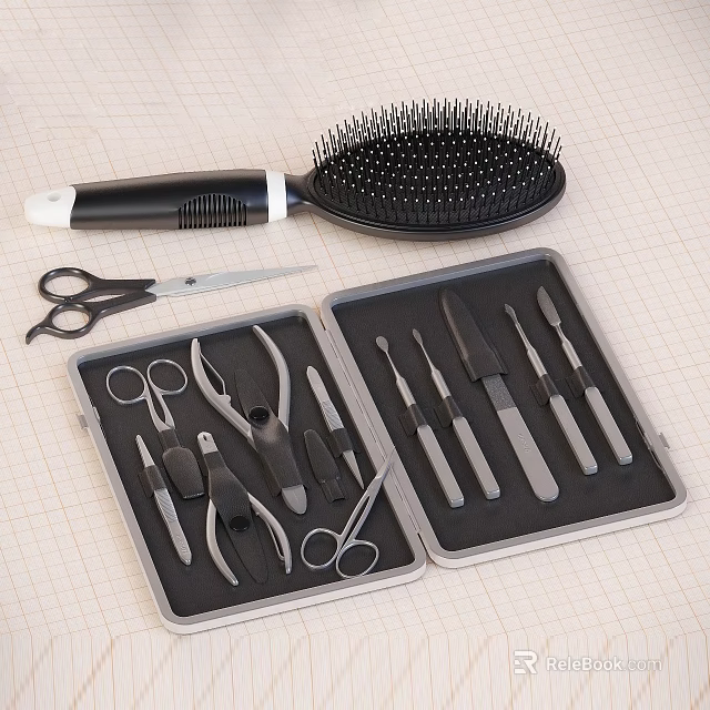 Complete Personal Grooming Tools Set With Hair Brush Scissors And Nail Care Kit 3d model 