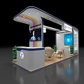 Modern Exhibition Booth With Curved Roof Colorful Stripes Reception Desk Logo Chairs Screen And Plants