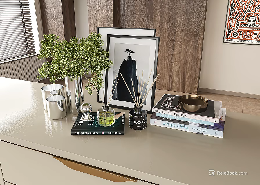 Elegant Decorative Ornament Set With Green Plant Framed Art Reed Diffuser Metal Bowl And Books 3d model 
