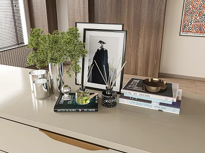 Elegant Decorative Ornament Set With Green Plant Framed Art Reed Diffuser Metal Bowl And Books 3d model