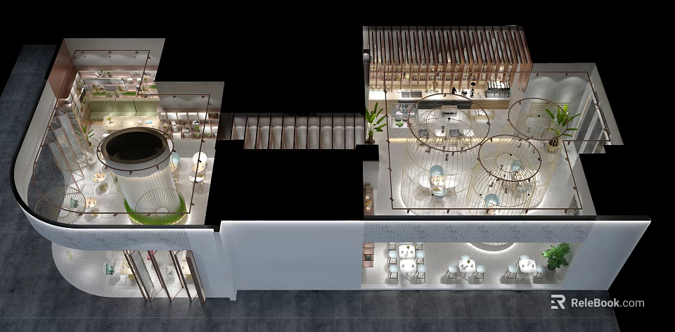 Modern Cafe Interior Design With Circular Seating Wooden Decor And Green Plants 3d model 