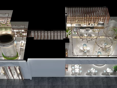 Modern Cafe Interior Design With Circular Seating Wooden Decor And Green Plants 3d model