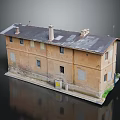 Old Two Story Building With Weathered Brown Facade Dark Roof Chimneys And Windows