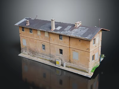 Old Two Story Building With Weathered Brown Facade Dark Roof Chimneys And Windows 3d model