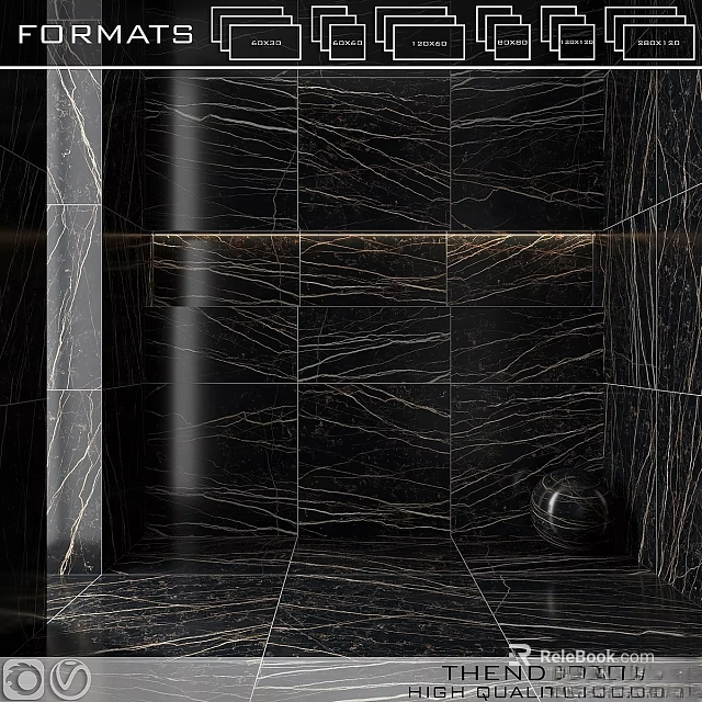 Black Marble Wall Panel With Niche And Decorative Sphere In Veined Texture 3d model 