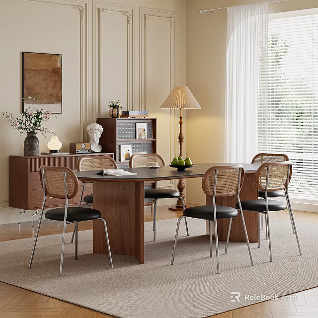 Elegant Dining Table Set with Wooden Top and Rattan Back Chairs Black Cushions Floor Lamp 3d model 
