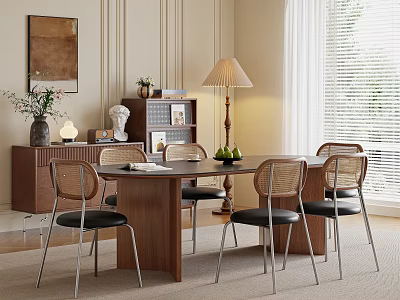 Elegant Dining Table Set with Wooden Top and Rattan Back Chairs Black Cushions Floor Lamp 3d model