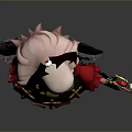 Game Movie Character With Pink Long Hair Black Horns Red Black Dress Black Wings And Golden Object