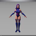 Stylized 3D Model Character With Purple Hair Blue Outfit Red Stripes And Arm Leg Guards