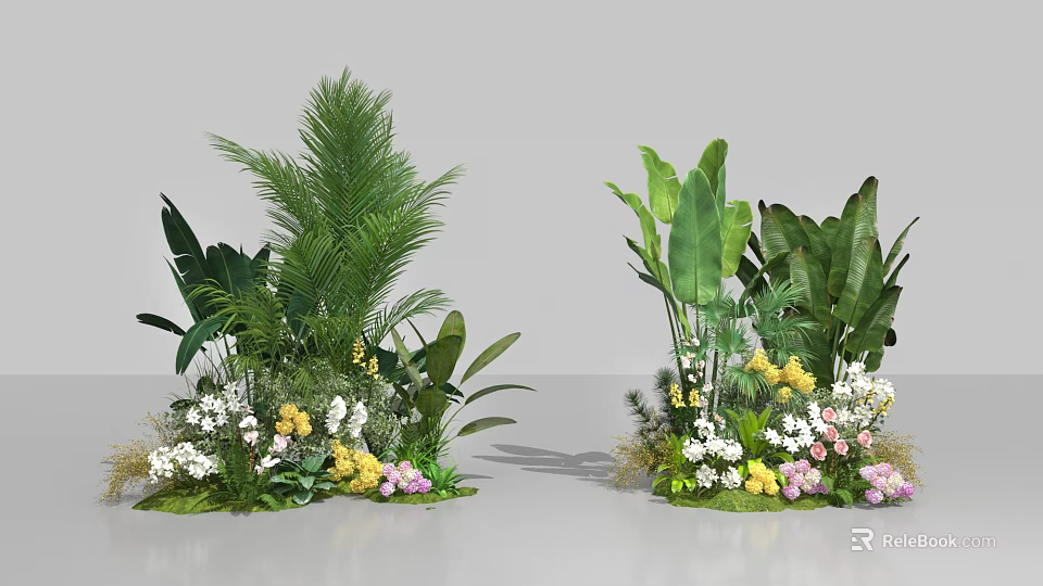 Floral Arrangement with Lush Green Palm Leaves and Colorful Yellow Pink White Flowers 3d model 