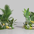 Floral Arrangement with Lush Green Palm Leaves and Colorful Yellow Pink White Flowers