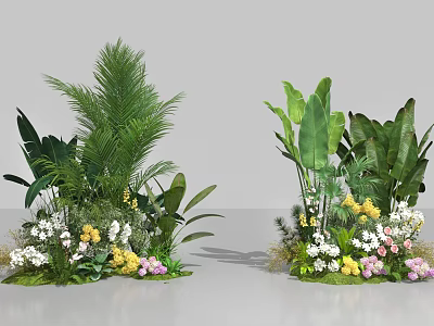 Floral Arrangement with Lush Green Palm Leaves and Colorful Yellow Pink White Flowers 3d model