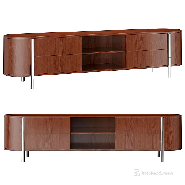 Modern Wooden TV Stand With Drawers Open Shelf And Metal Legs 3d model 