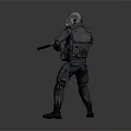 Sci Fi Game Character With Helmet Glowing Eyes In Tactical Outfit Holding Rifle Standing Pose