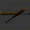 Decorative Wooden Staffs Featuring Carved Design Striped Accents And Metal Rings Crossed