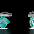 Modern White Reception Desks With Green Diamond Logo And Flower Arrangements