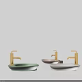 Three Modern Washbasins with Light Green Pink White Colors and Golden Faucets