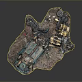 Blue Car Wreckage With Scattered Mechanical Parts On Dark Background