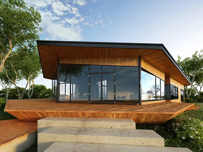 Modern Single Family House With Wooden Deck Large Windows And Surrounding Greenery 3d model