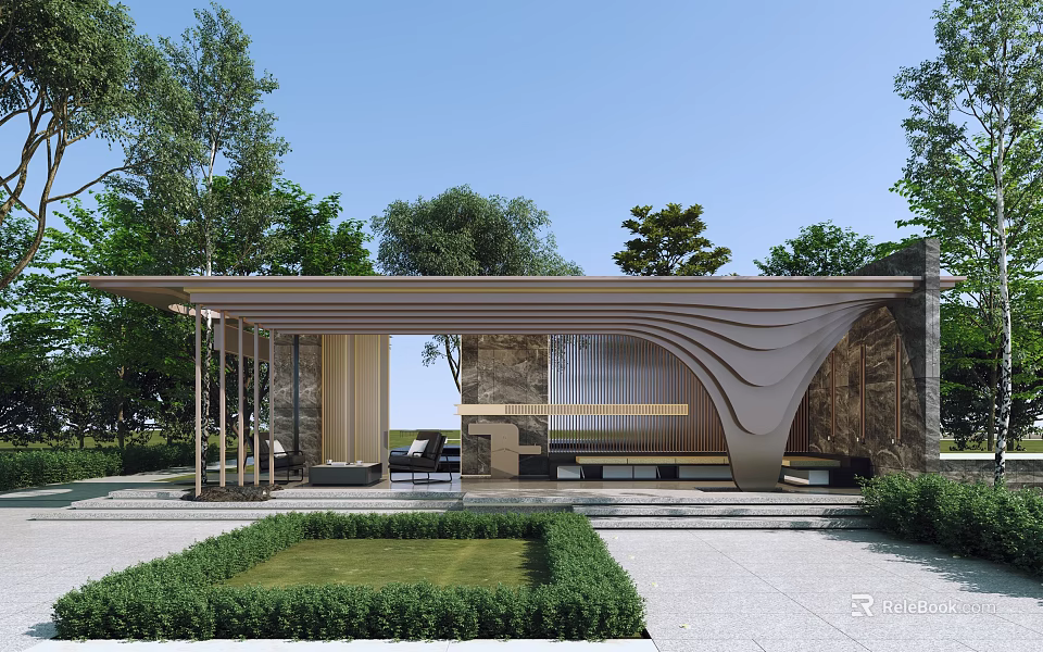 Elegant Modern Residential Landscape With Curved Roof Stone Wall Trimmed Hedge And Outdoor Seating Area 3d model 