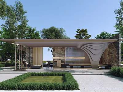 Elegant Modern Residential Landscape With Curved Roof Stone Wall Trimmed Hedge And Outdoor Seating Area 3d model