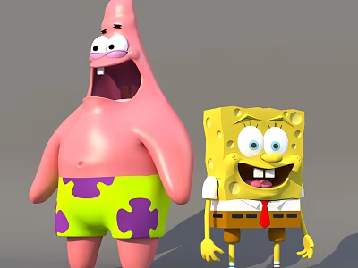 SpongeBob SquarePants And Patrick Star Happy Yellow Square With Red Tie Pink Starfish Green Shorts 3d model