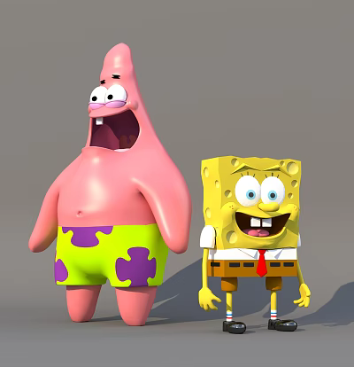 SpongeBob SquarePants And Patrick Star Happy Yellow Square With Red Tie Pink Starfish Green Shorts 3d model