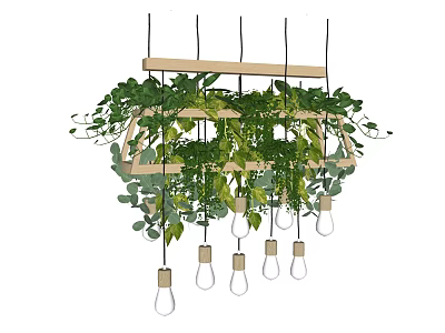 Green Foliage Decorative Chandelier With Wooden Frame And Glass Light Bulbs 3d model