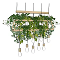 Green Foliage Decorative Chandelier With Wooden Frame And Glass Light Bulbs