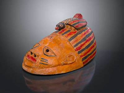 Unique Orange Pottery Head Decor With Bird Ornament And Red Striped Pattern 3d model
