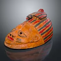 Unique Orange Pottery Head Decor With Bird Ornament And Red Striped Pattern