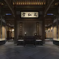 Traditional Chinese Hall Interior With Wooden Structure Inscribed Board And Display Cabinets