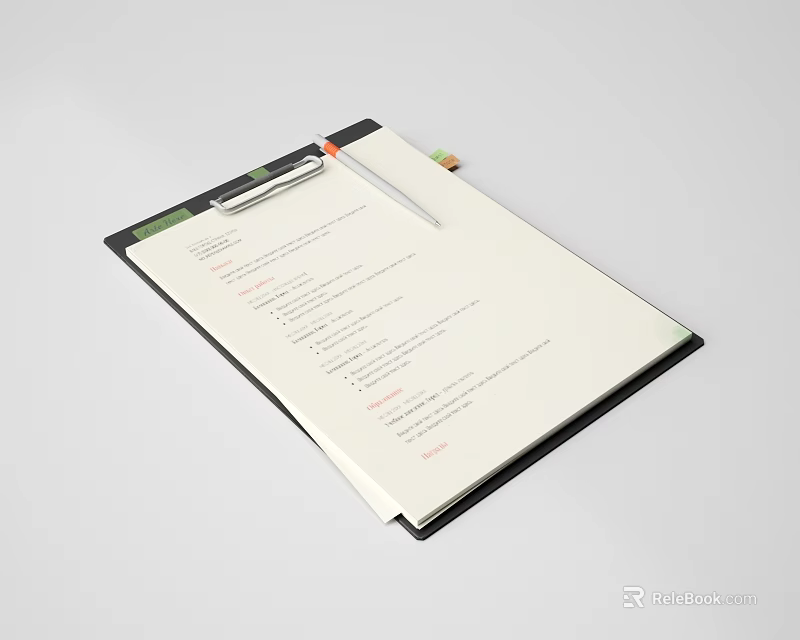 Pen on Black Clipboard with Paper Text and Writing Notes 3d model 
