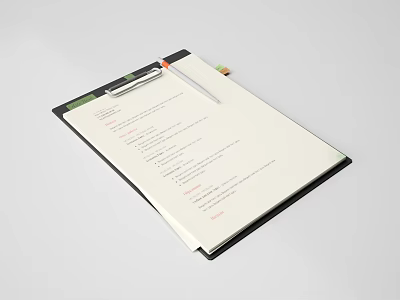 Pen on Black Clipboard with Paper Text and Writing Notes 3d model