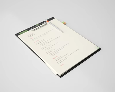 Pen on Black Clipboard with Paper Text and Writing Notes 3d model