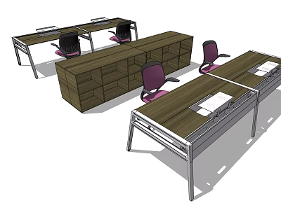 Modern Wooden Office Desks With Purple Chairs And Metal Frames In Workspace 3d model