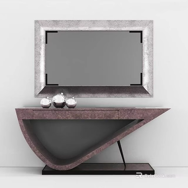 Modern Console Table Design With Framed Mirror And Silver Decorative Ornaments 3d model 