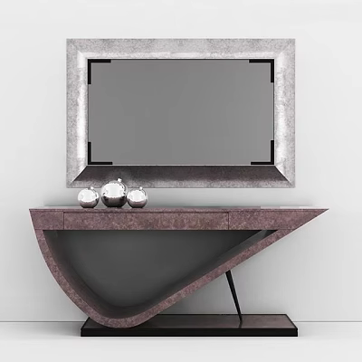 Modern Console Table Design With Framed Mirror And Silver Decorative Ornaments 3d model