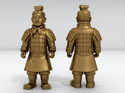 Golden Terracotta Warrior Man in Traditional Armor with Front and Back Views 3d model