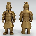 Golden Terracotta Warrior Man in Traditional Armor with Front and Back Views