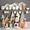 Organized Kitchen Utensils Display With Mugs Plates Bowls Blender Kettle Cutting Boards And Towels