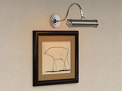 Modern Metal Wall Lamp With Curved Arm Illuminating Framed Animal Line Drawing On Light Wall 3d model