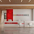 Modern Party Community Service Reception Desk With Wood Ceiling And Red Themed Wall Decoration