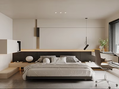 Modern Minimalist Bedroom Interior Design With Comfortable Bed Hanging Lamp And Wooden Desk 3d model