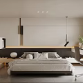 Modern Minimalist Bedroom Interior Design With Comfortable Bed Hanging Lamp And Wooden Desk