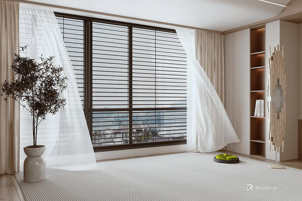 Dining Living Room Interior With Window Blinds White Curtains Outdoor View Plant And Bookshelf 3d model 